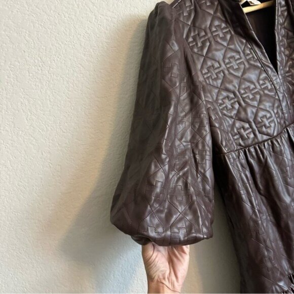 Emily McCarthy XXS Brown FX Leather Puff Sleeve Dress Matrix Steampunk Wet Look - Picture 10 of 16